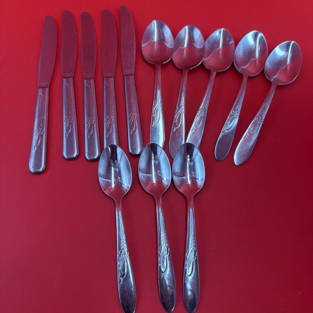 HBCo Everglo HEATHER Pattern Stainless Flatware Lot 13 5 Knives 8 Table Spoons